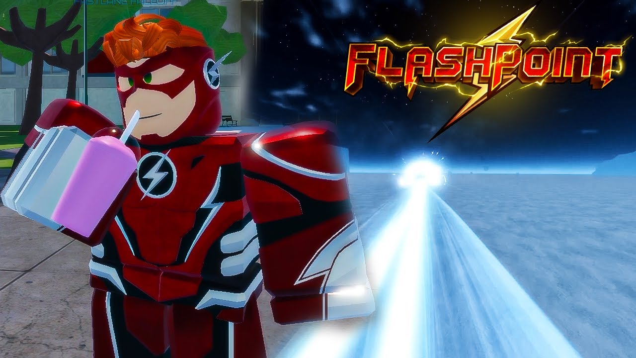 FLASHPOINT character in a red suit drinking a juice box next to a speed trail