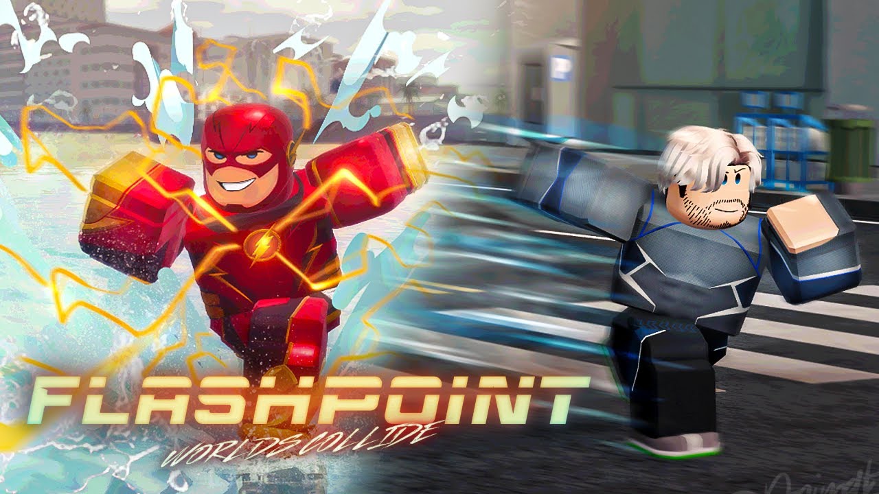Two FLASHPOINT speedster characters racing through a city crosswalk